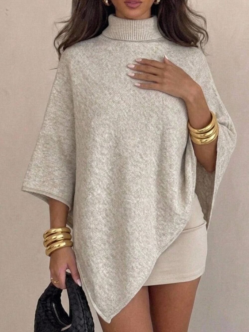 Khaki Casual Women's Loose Fit Oversized High Neck Batwing Sleeve sweater Poncho